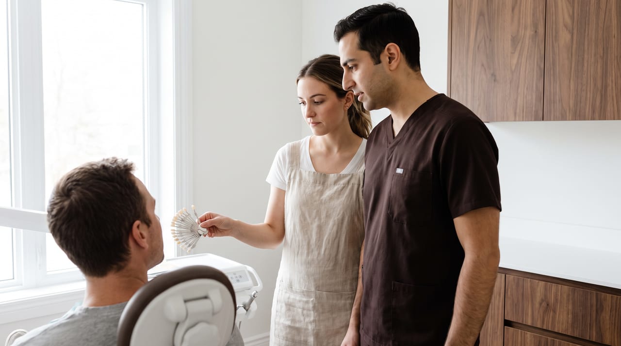 A dentist and a ceramist comparing a fan of porcelain shade tabs beside a seated patient at the window of the Larkspur studio, the patient seen in profile from behind