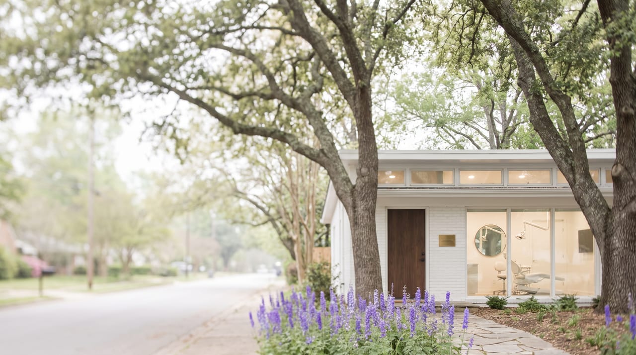 Larkspur Smile Studio seen from across a leafy Raleigh street: a single-storey white brick building with a north clerestory, a walnut door, live oaks and larkspur along the path